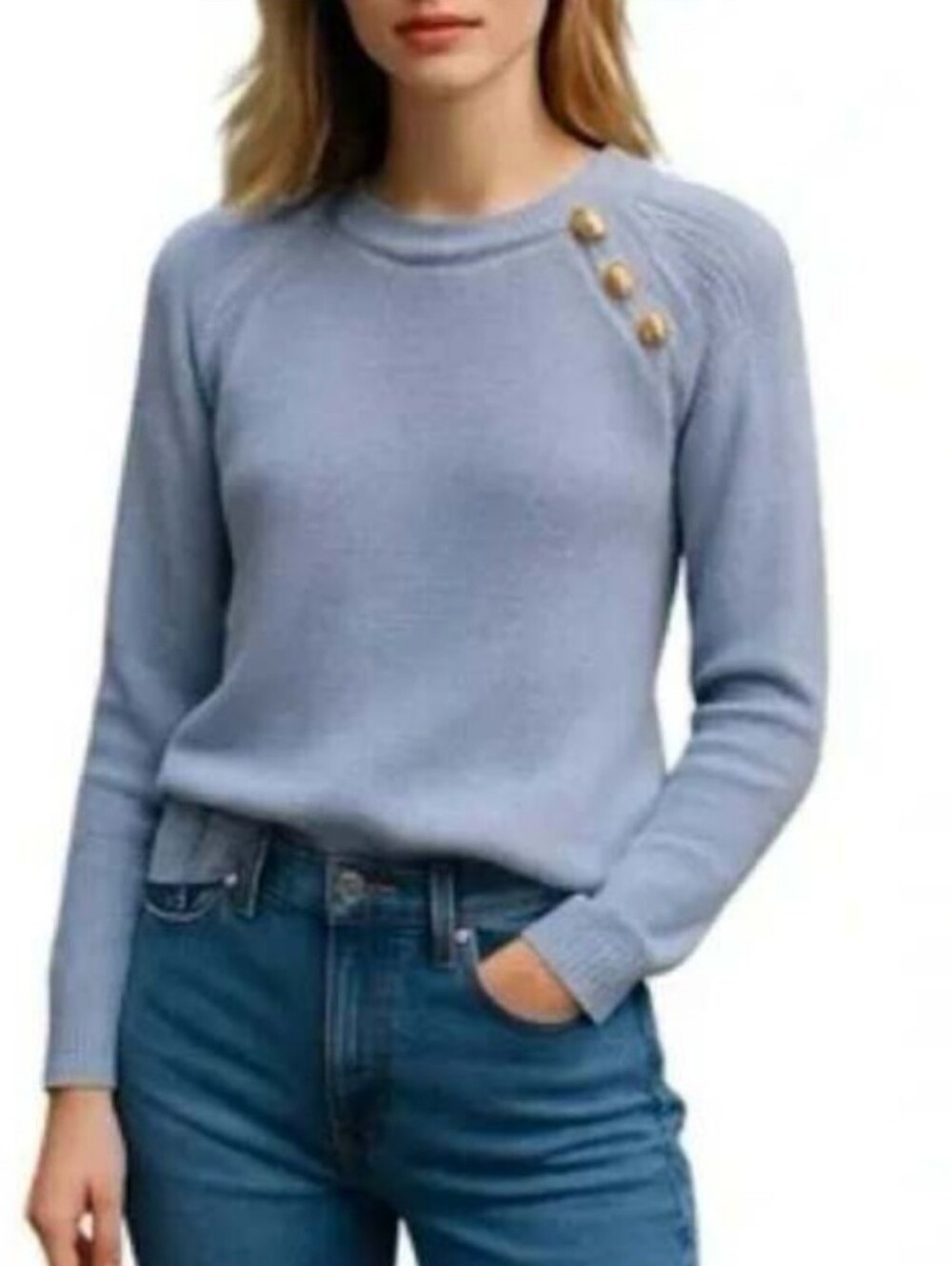 J. Crew Periwinkle Blue Crewneck Sweater with Gold Shoulder Buttons S NWT!